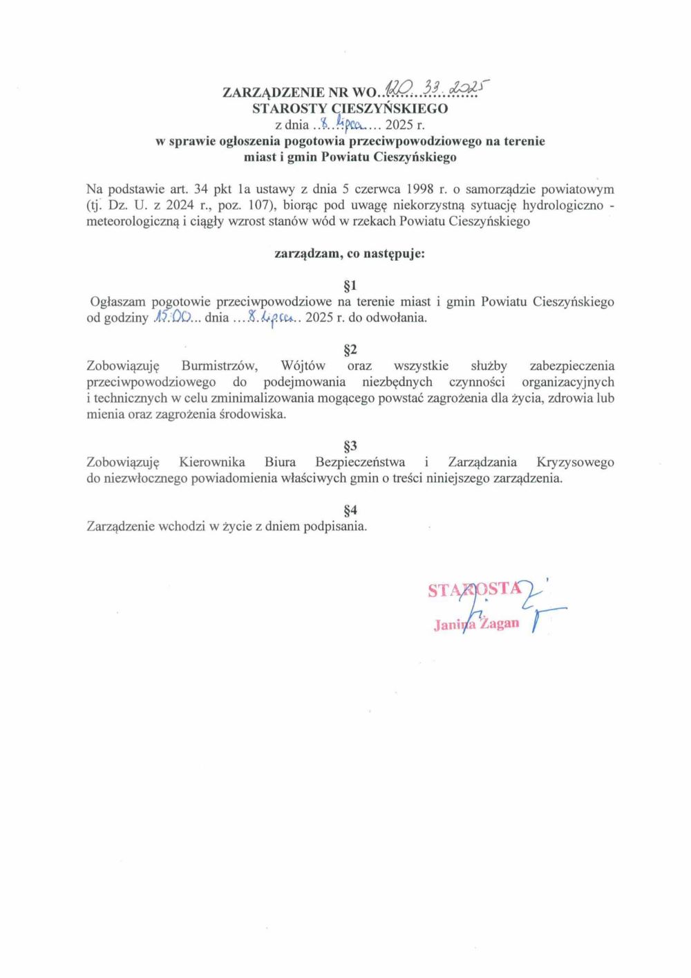 Zarządzenie w sprawie ogłoszenia pogotowia przeciwpowodziowego na terenie miast i gmin Powiatu Cieszyńskiego